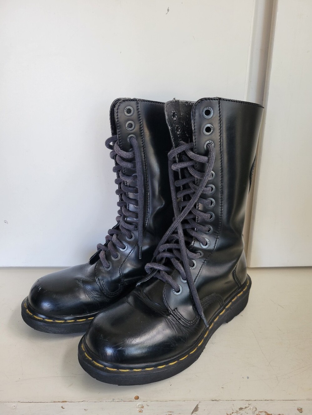 Vintage Dr Martens 9813 Combat Boots UK 6 Black Tall 14-Eye Lace Up Made England - Picture 2 of 14
